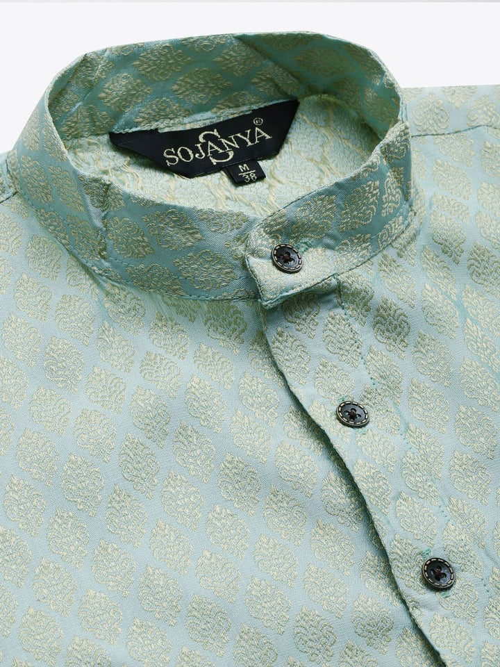 SOJANYA Lelaki Rust Red & Green Jacquard Etnik Motif Kurta Lurus dengan Churidar