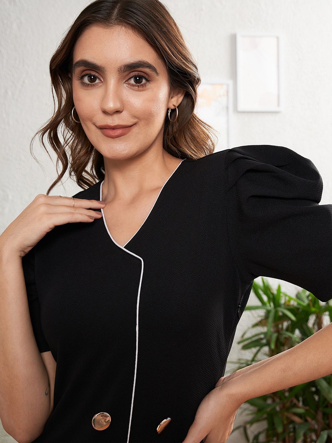 SASSAFRAS worklyf V-Neck Double Button Placket Sheath Dress