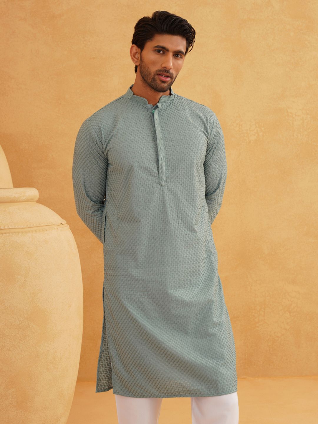 SOJANYA Lelaki Sea Green Thread Work Kurta