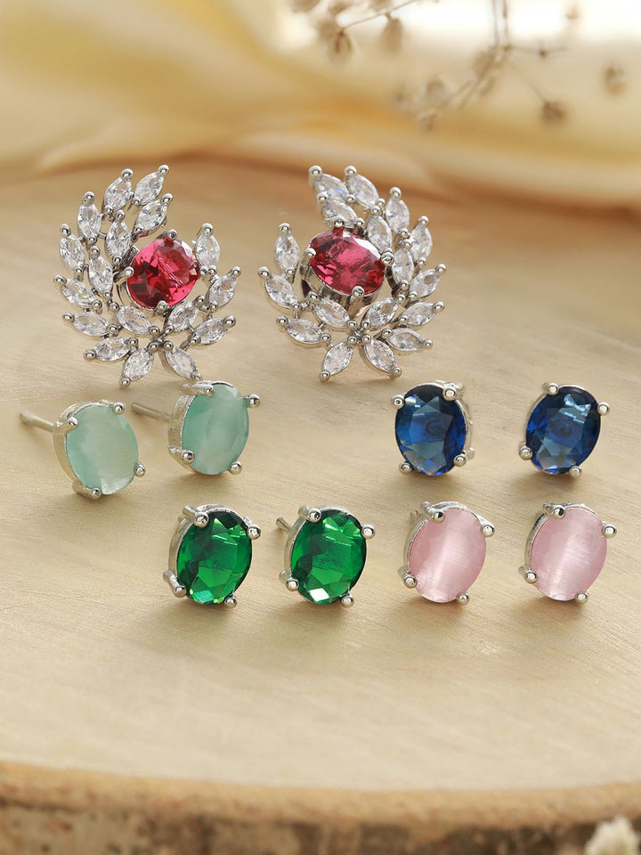 Priyaasi Set OF 5 Silver-Plated Contemporary Studs Earrings