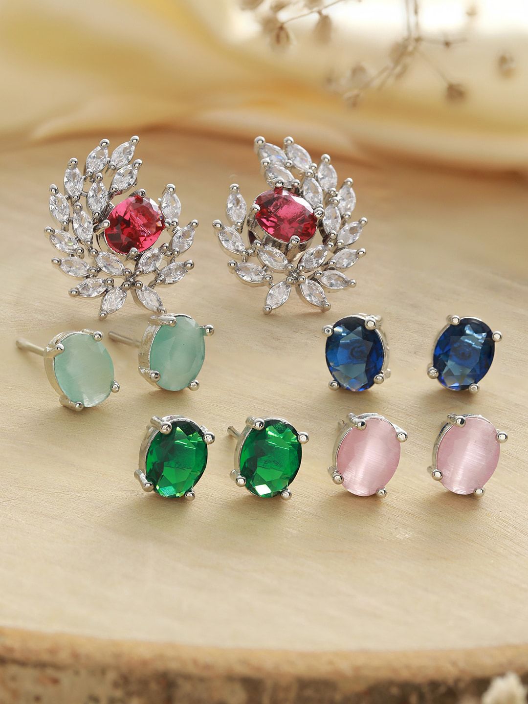 Priyaasi Set OF 5 Silver-Plated Contemporary Studs Earrings
