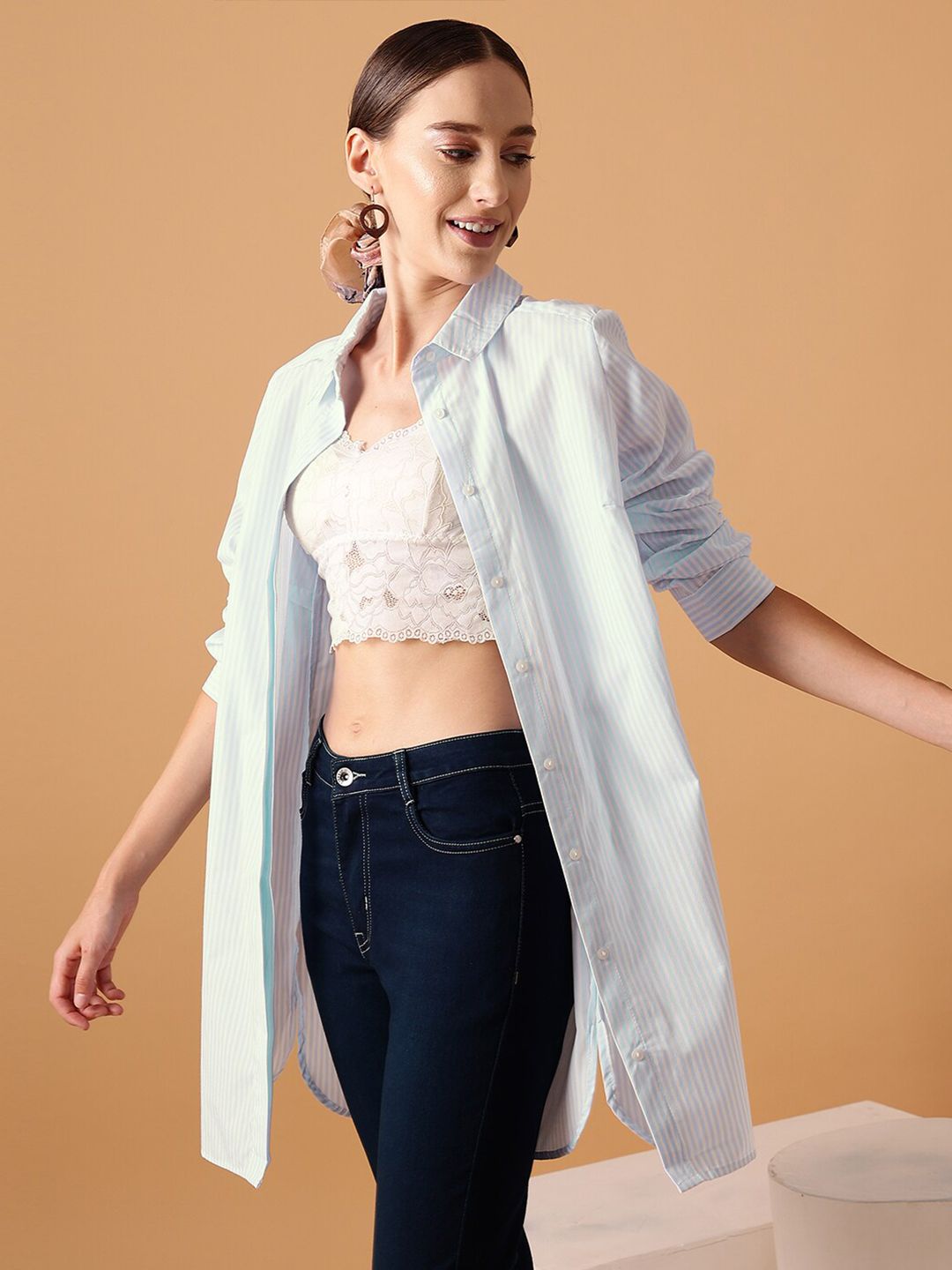 STREET 9 Comfort Oversized Striped Longline Pure Cotton Casual Shirt