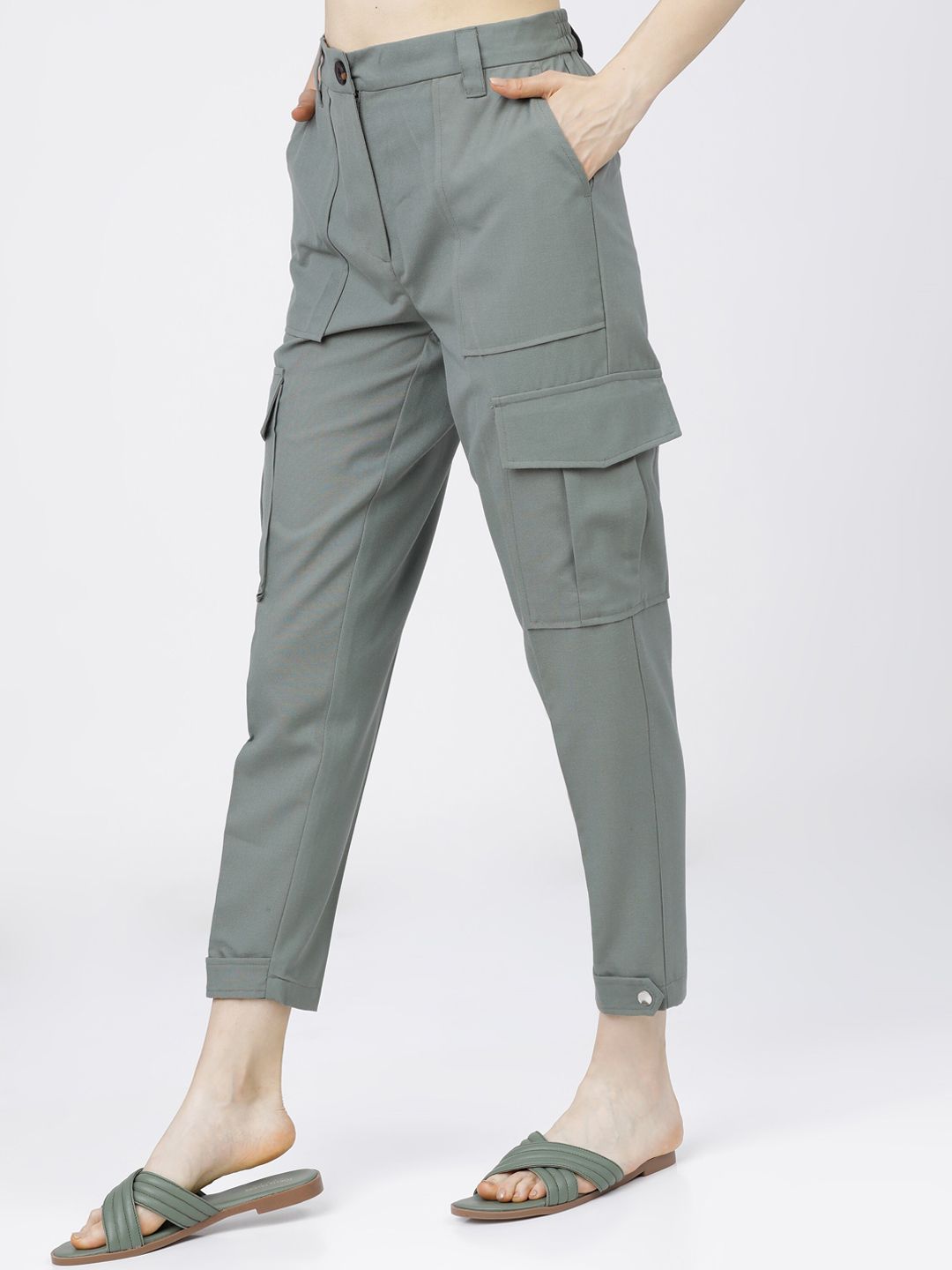 Tokyo Talkies Women Mint Green Tapered Fit Cargos Trousers