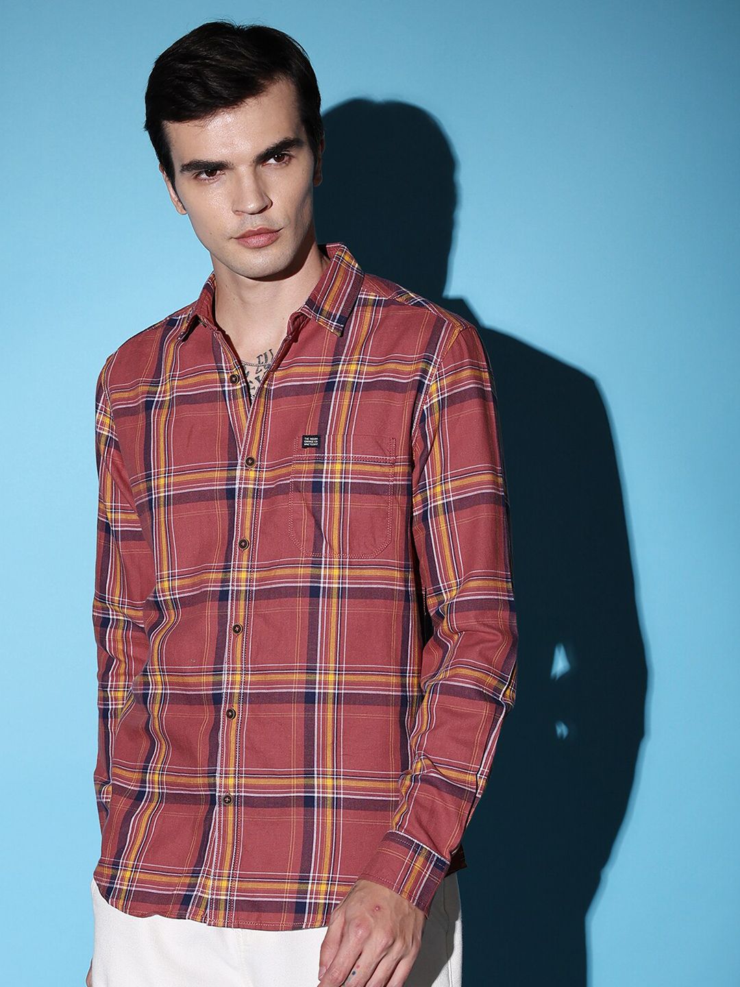 The Indian Garage Co Rust-Coloured Slim Fit Tartan Checked Cotton Casual Shirt
