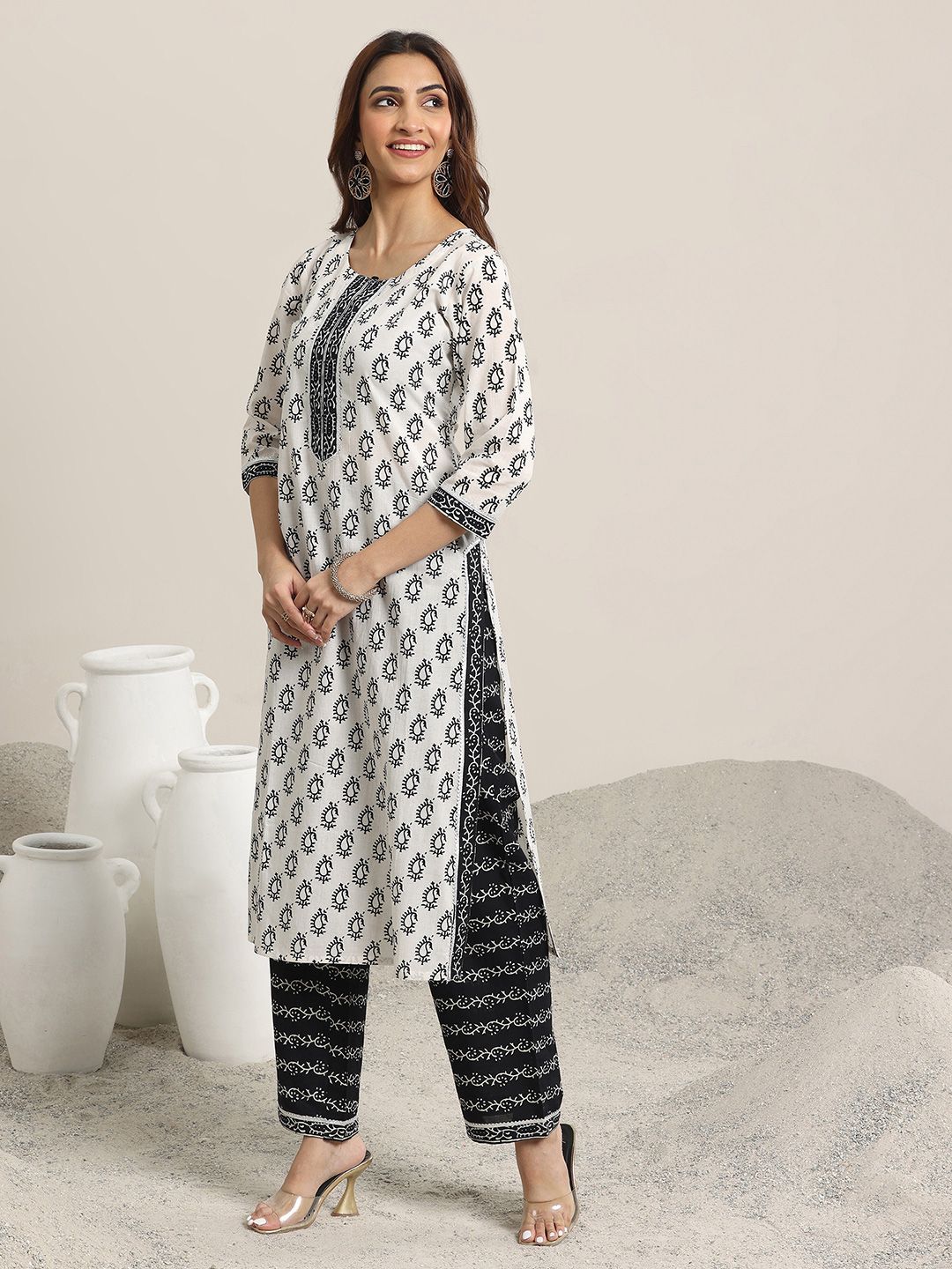 Libas Off White Paisley Printed Keyhole Neck Pure Cotton Kurta With Trousers & Dupatta