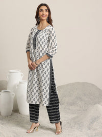Libas Off White Paisley Printed Keyhole Neck Pure Cotton Kurta With Trousers & Dupatta