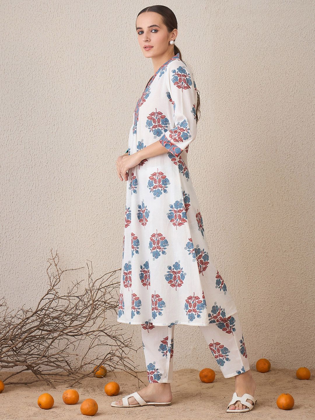 Indo Era Floral Printed V-Neck Cotton A-Line Kurta With Trousers