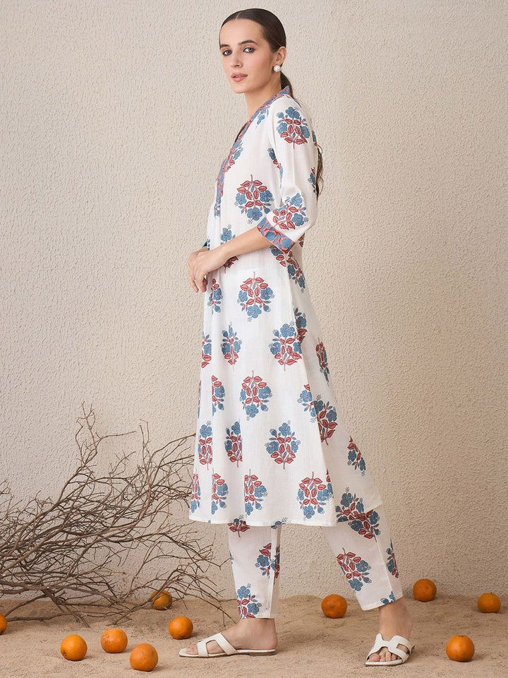 Indo Era Floral Printed V-Neck Cotton A-Line Kurta With Trousers