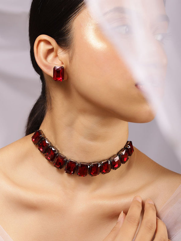 Rubans rhodium bersalut maroon kristal kubik zirkonia studded statement choker perhiasan set