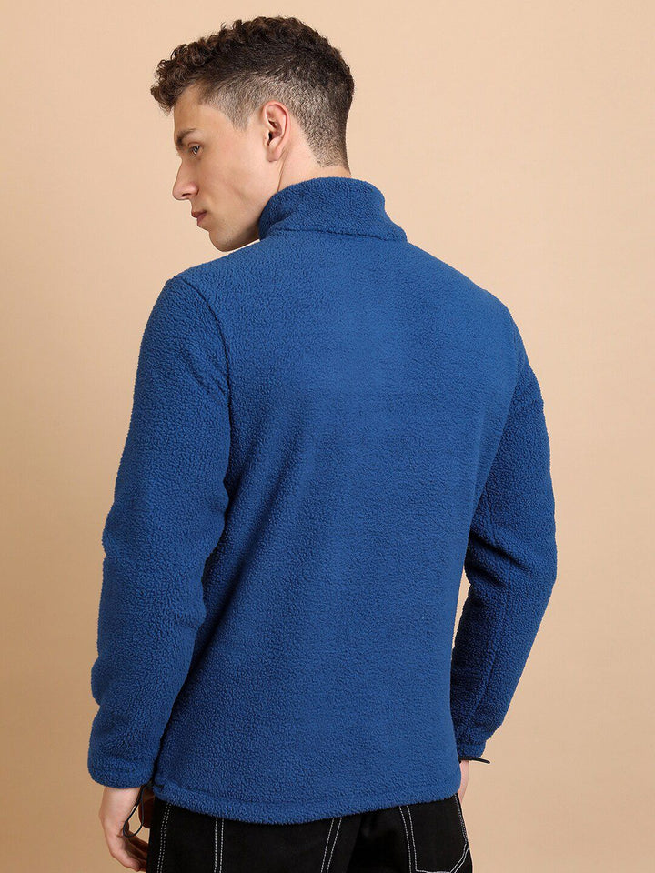 HIGHLANDER Blue Self Design Mock Collar Half Zipper Sweatshirt