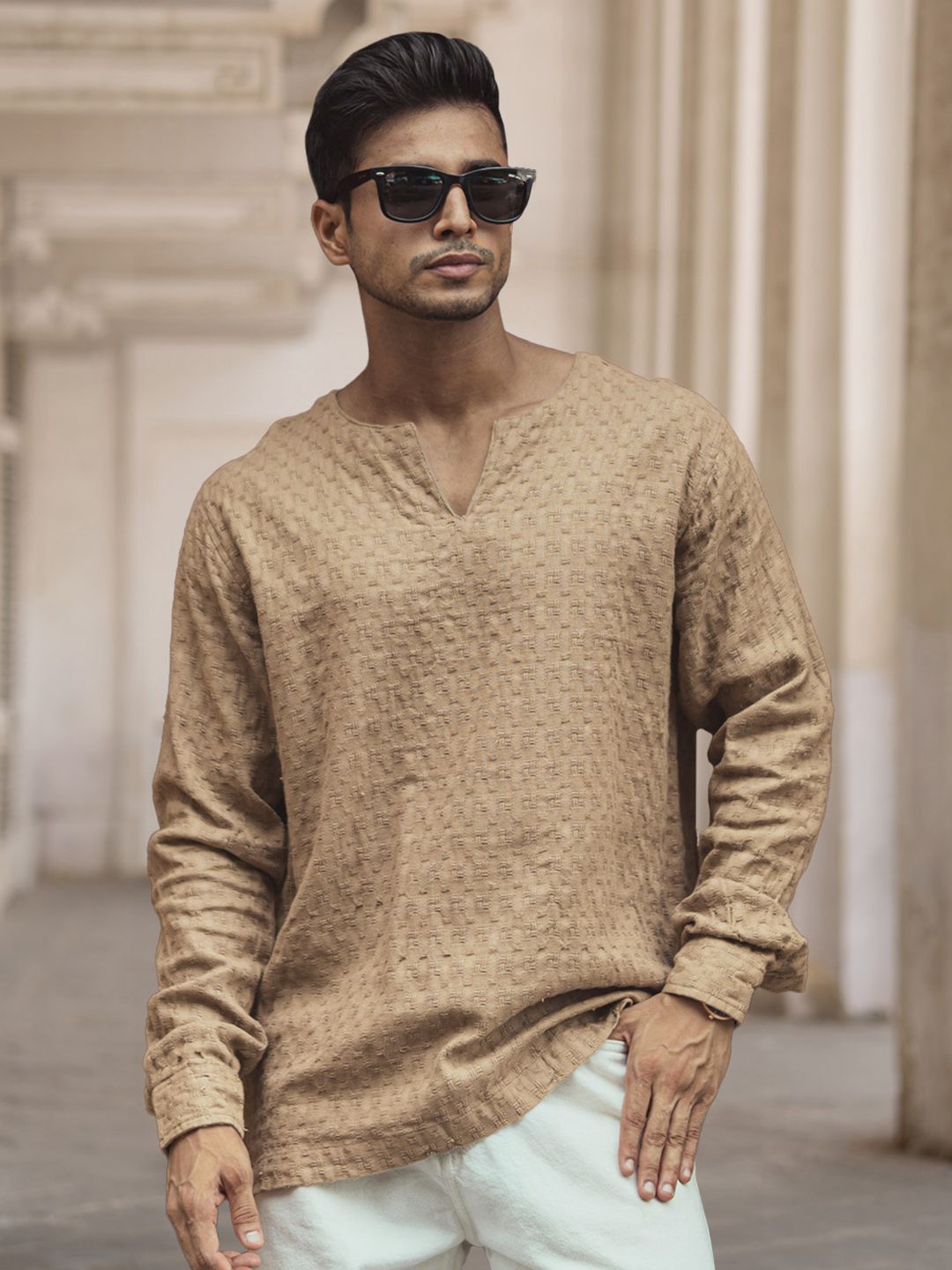 Powerlook Men Collarless Popcorn Texture Pure Cotton Casual Shirt
