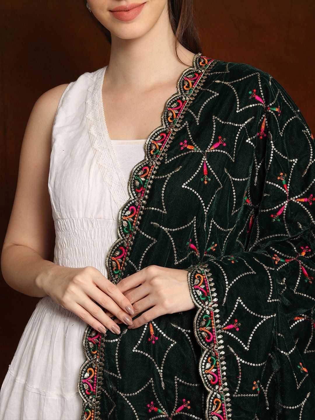 Exotic India Pine Grove Velvet Dupatta with Zari and Sequinned Diamond Pattern