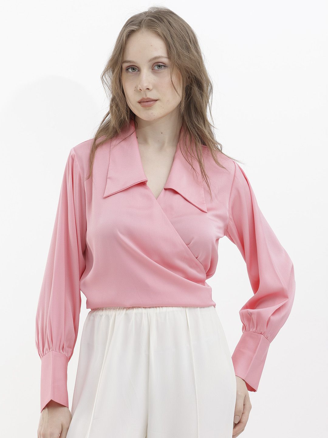 RAREISM Shirt Collar Cuffed Sleeves Wrap Top