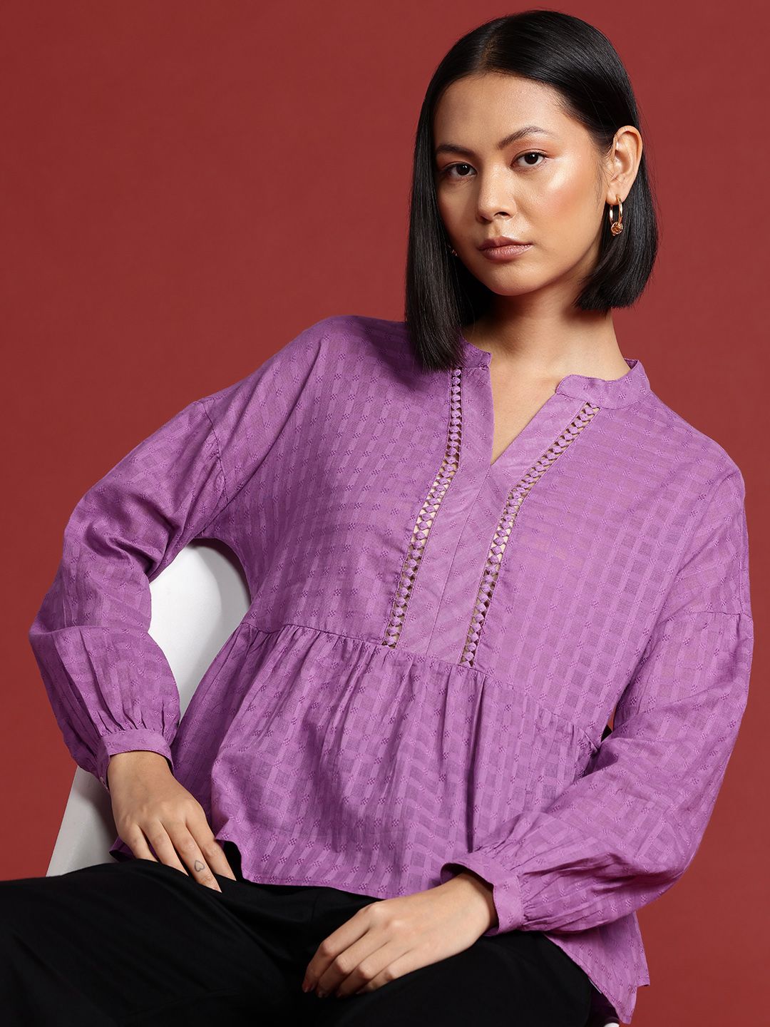 all about you Mandarin Collar Cotton Top