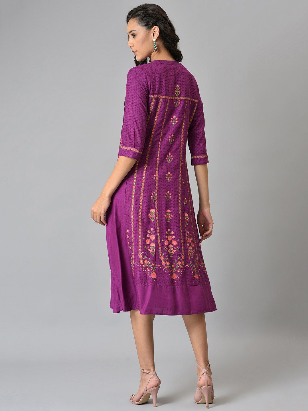 W Purple Ethnic Motifs Chiffon Ethnic A-Line Midi Dress