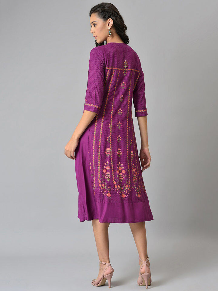 W Purple Ethnic Motifs Chiffon Ethnic A-Line Midi Dress