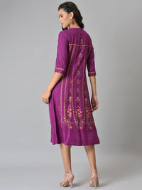 W Purple Ethnic Motifs Chiffon Ethnic A-Line Midi Dress