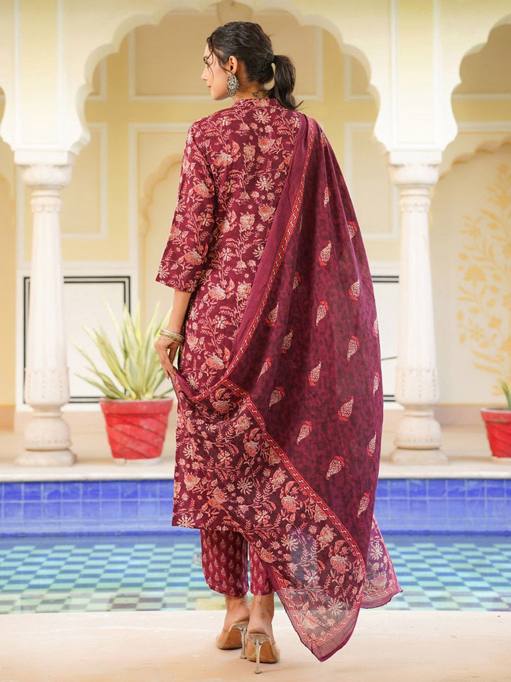KALINI Floral Printed Straight Kurta With Trousers & Dupatta