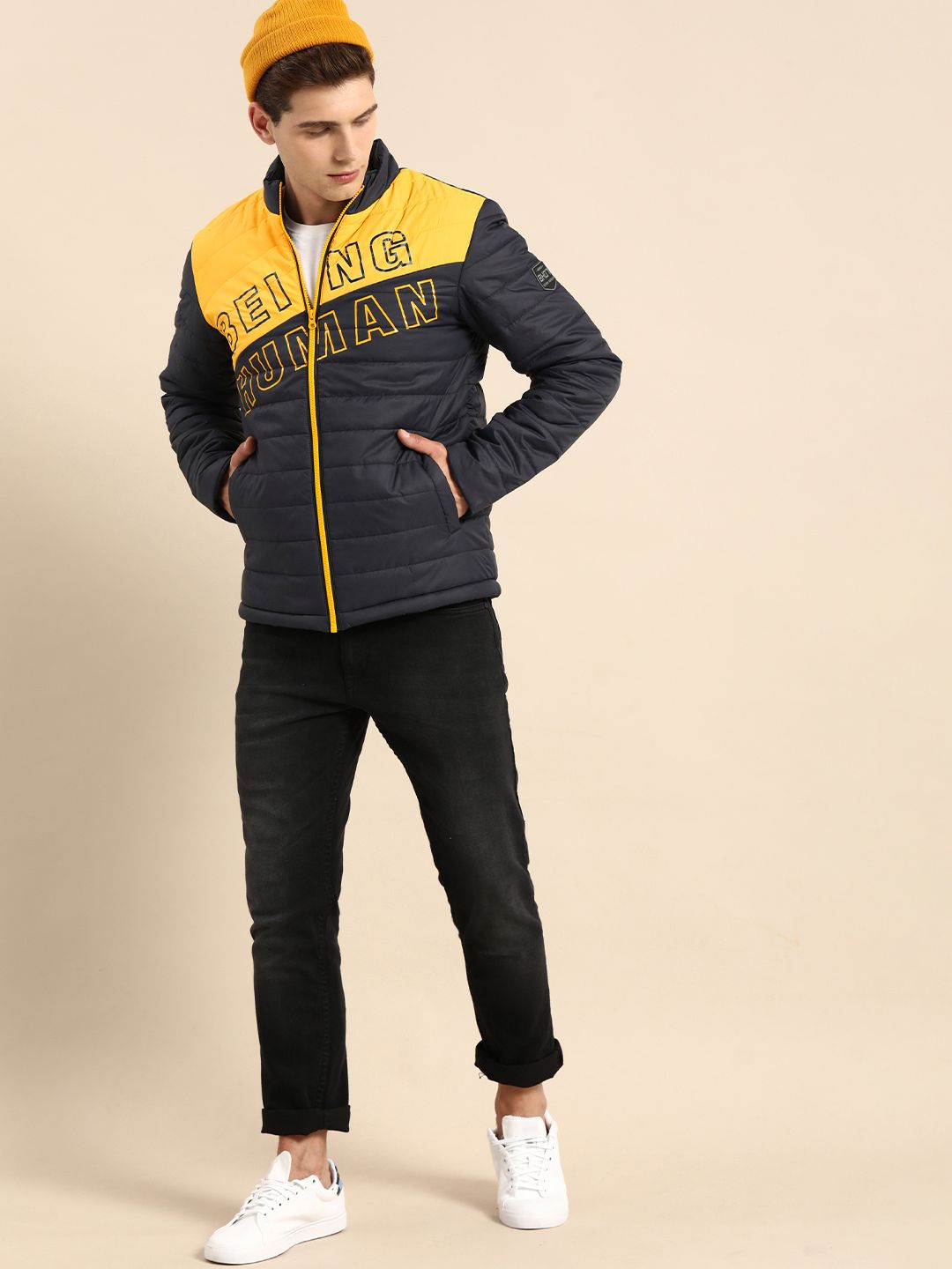 Being Human Men Navy Blue Brand Logo Lightweight Padded Jacket