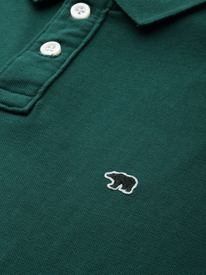 THE BEAR HOUSE Men Green Solid Slim Fit Polo Collar Pure Cotton T-shirt