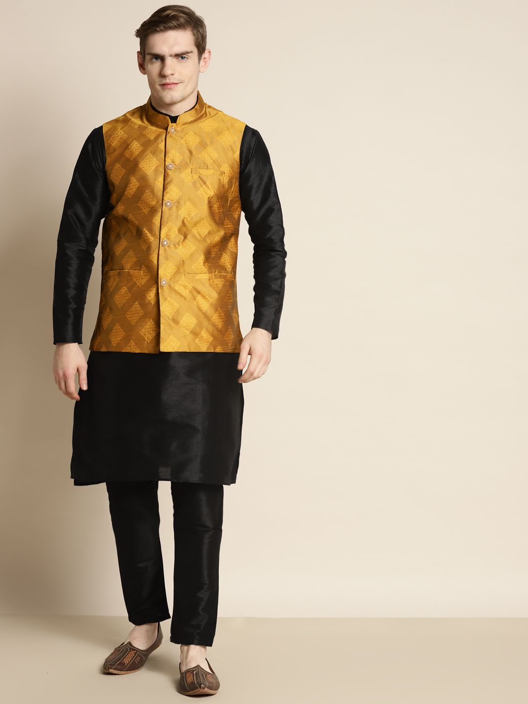 SOJANYA Men Ethnic Motifs Woven Design Silk Blend Kurta & Churidar with Nehru Jacket