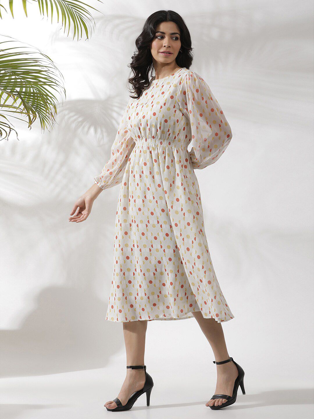 W Polka Dots Print Puff Sleeve Fit & Flare Midi Dress