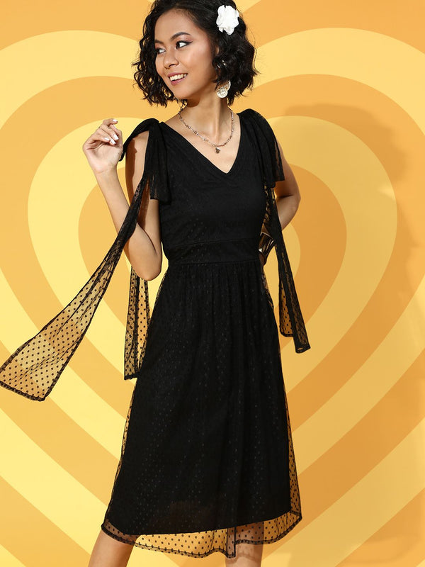 Athena Women Stylish Black Self-Design Dobby Weave Dress