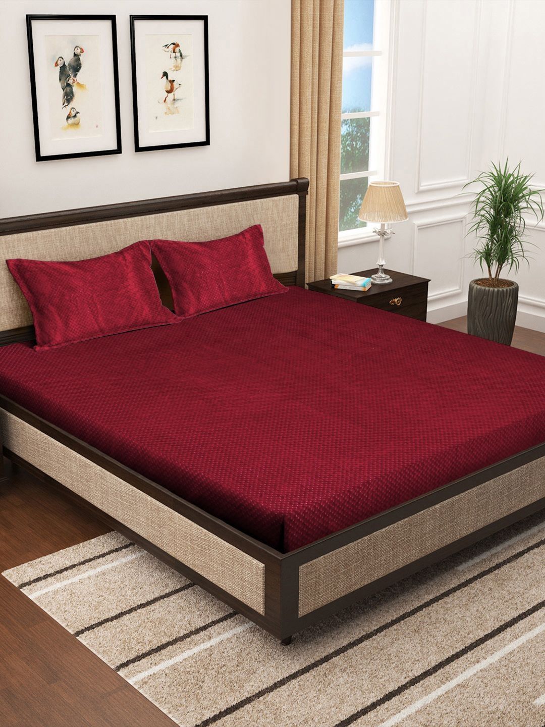 KLOTTHE Red Checked Woolen 300 TC King Bedsheet with 2 Pillow Covers-250 x 225 cm