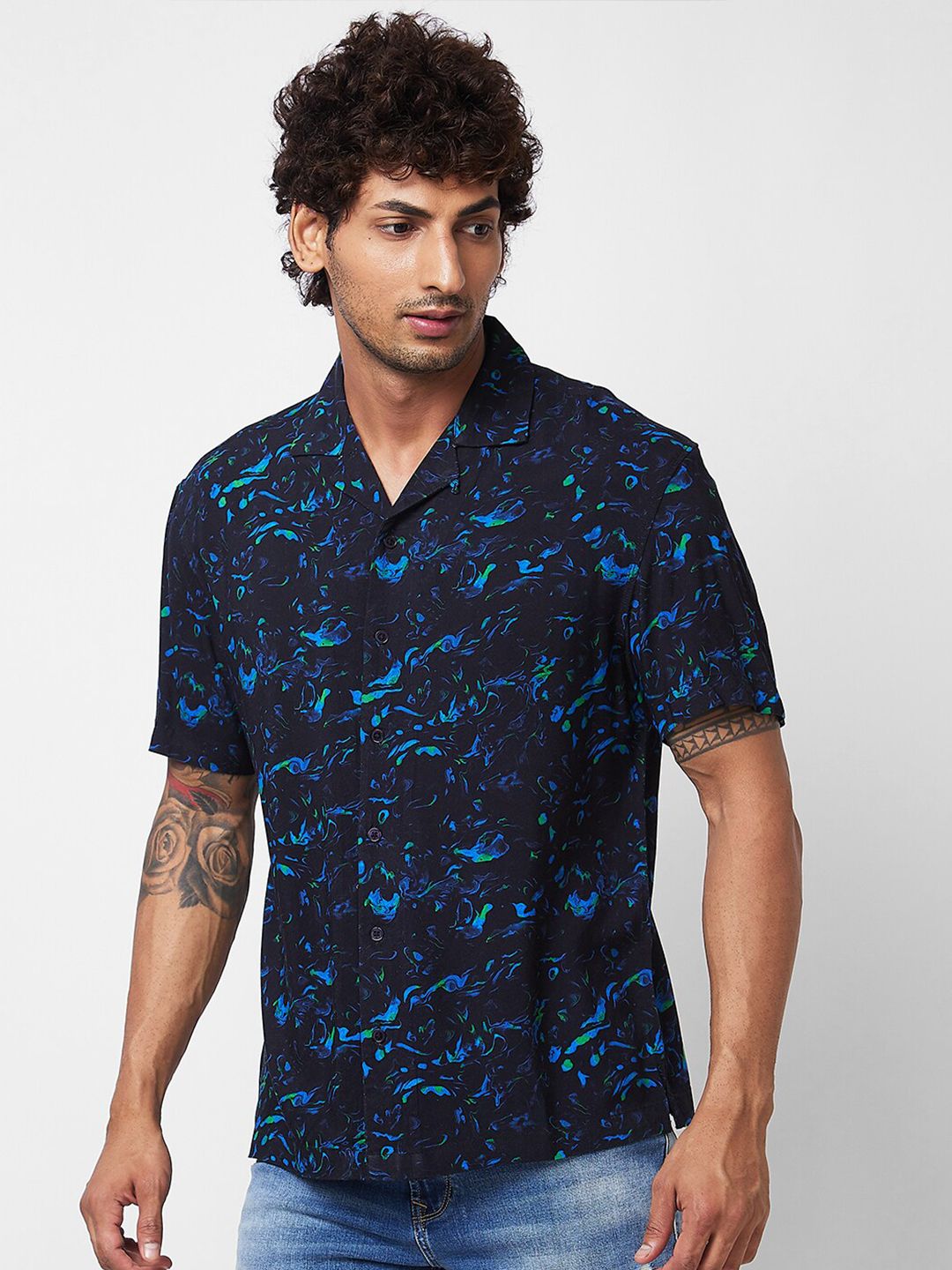 SPYKAR spread collar Short Sleeves Printed Casual Cotton Shirt