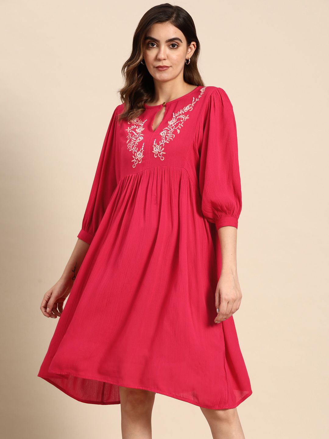 all about you Ethnic Motifs Embroidered Bishop Sleeves A-Line Dress
