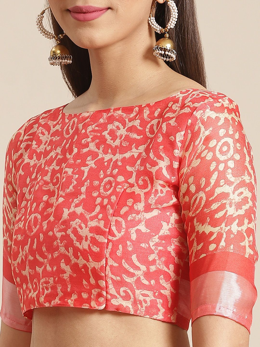 Saree mall Coral Red & Off-White Block Print Saree