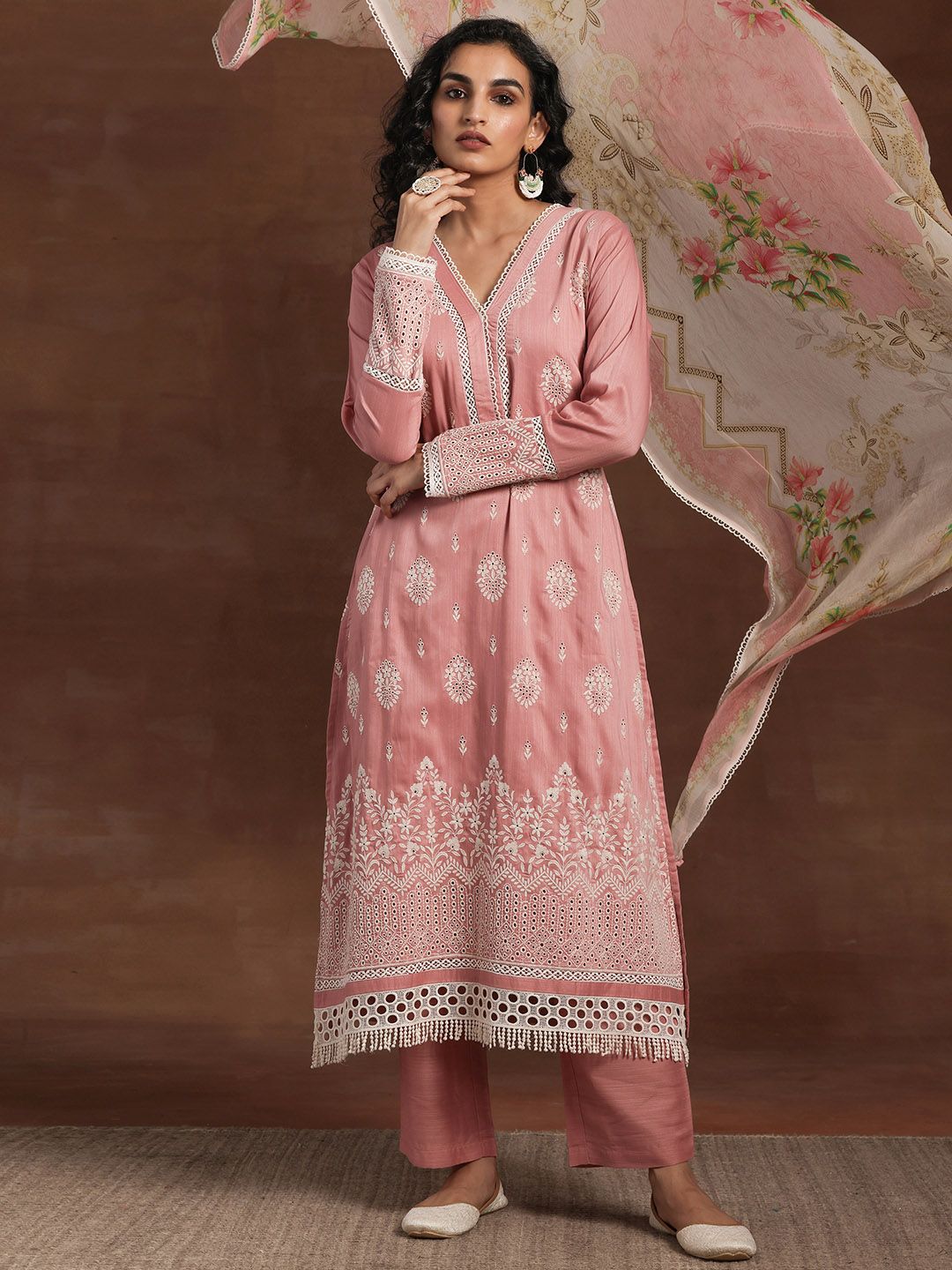Libas Floral Embroidered V-Neck Long Sleeves Thread Work Kurta Set