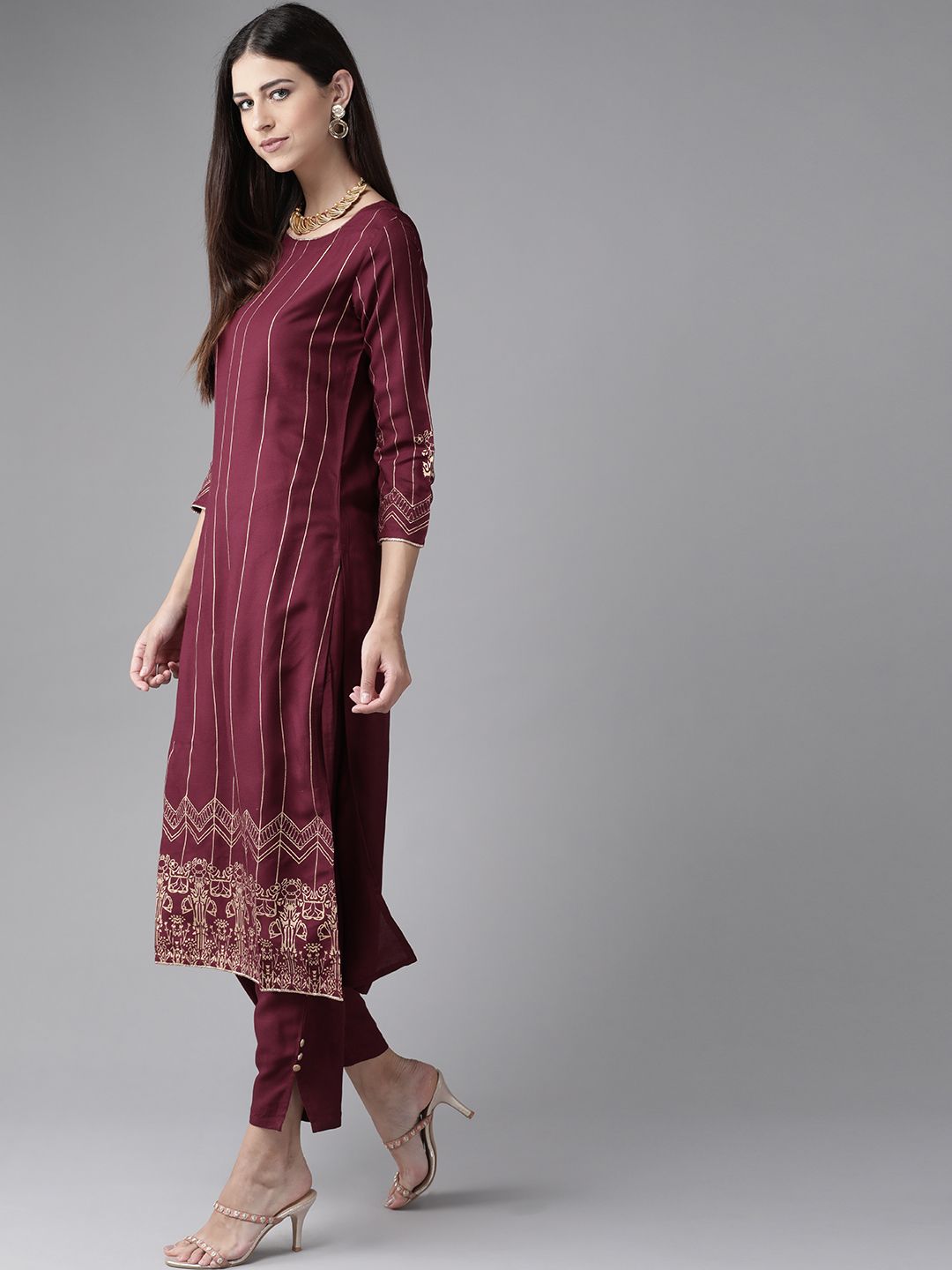 Indo Era Women Burgundy Printed Regular Kurta with Trousers & With Dupatta
