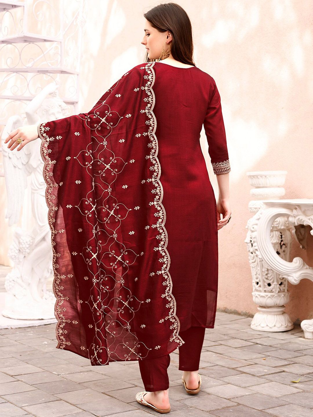 KALINI Floral Embroidered Sequinned Kurta With Trousers & Dupatta