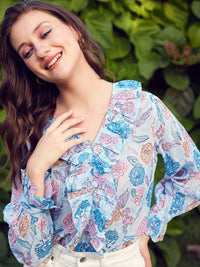 STREET 9 Blue Floral Printed Bell Sleeve Ruffles Top