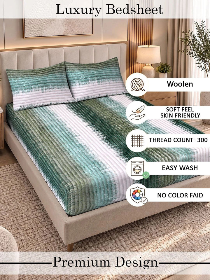 KLOTTHE Green & White Striped 300 TC King Bedsheet with 2 Pillow Covers
