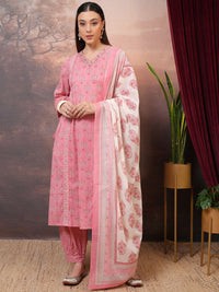 Vishudh Peach Floral Printed Pure Cotton Panelled A-Line Kurta With Salwar & Dupatta
