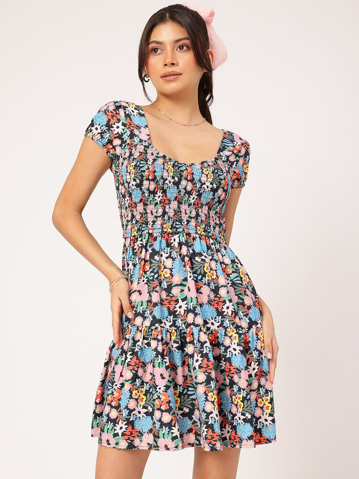 DressBerry Floral Frenzy Textured Printed Fit & Flare Dress