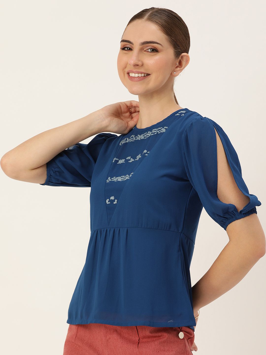 AND Sequined Puff Sleeve A-Line Top