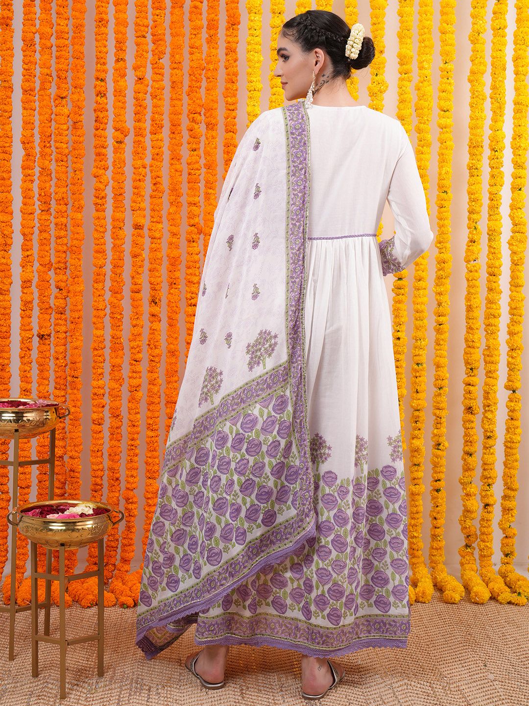Vishudh Purple Floral Printed Pure Cotton Ethnic Dress With Dupatta