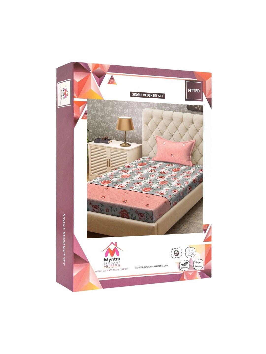Myntra Elegant Homes White & Peach-Coloured Floral 300 TC Single Bedsheet with 1 Pillow Covers
