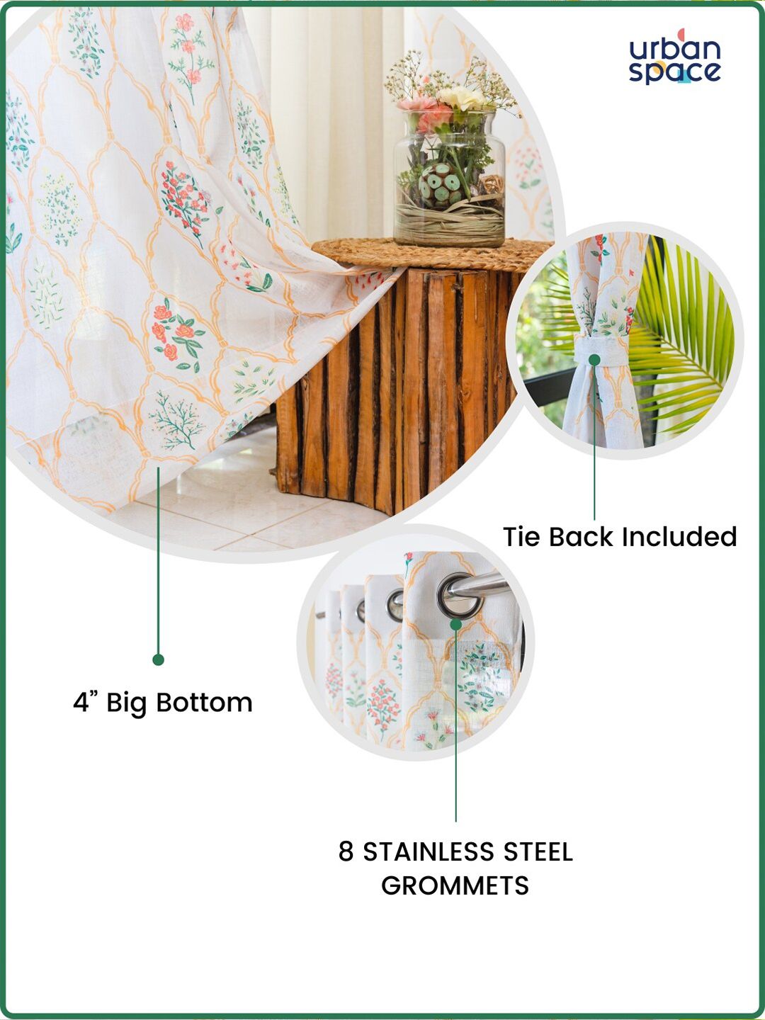 URBAN SPACE White & Orange 2 Pieces Floral Printed Sheer Door Curtains