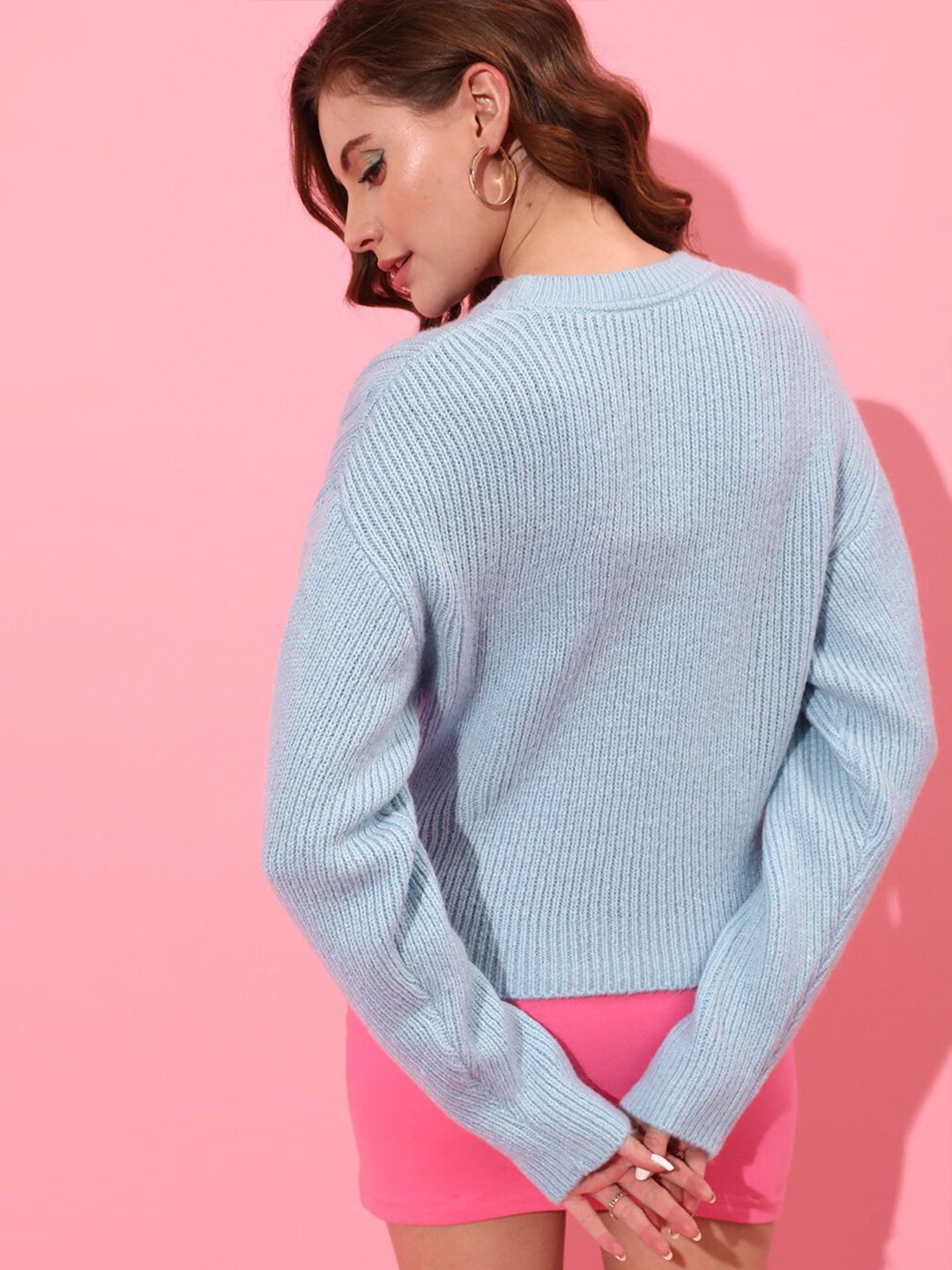 STREET 9 Women Blue & Pink Acrylic Cable Knit Pullover Sweater with Embroidered Detail