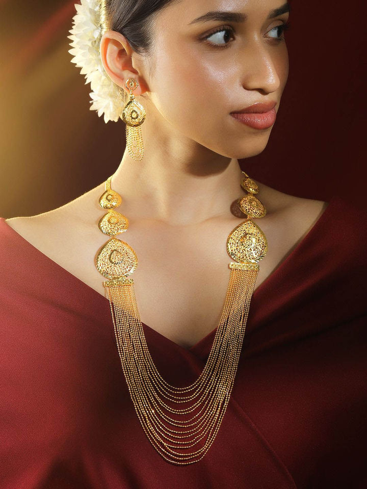 Rubans 18K Gold-Plated Textured Disc & Multi-Layer Beaded Statement Necklace Set