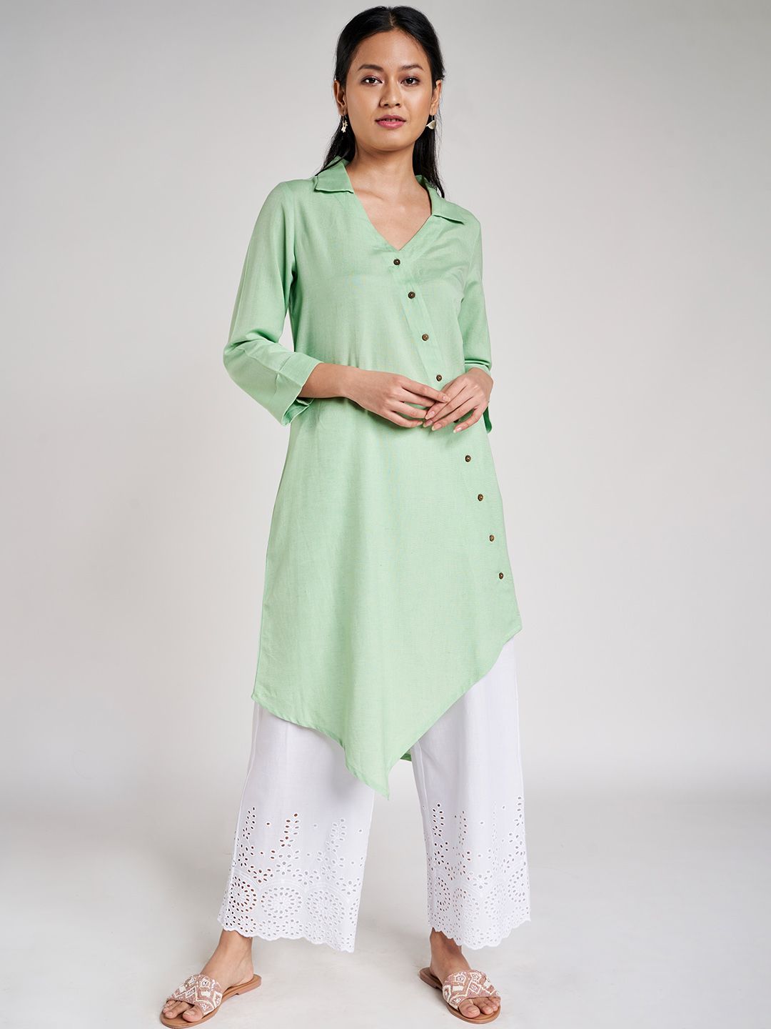Global Desi Women Green Solid Ecovero Asymmetric Tunic