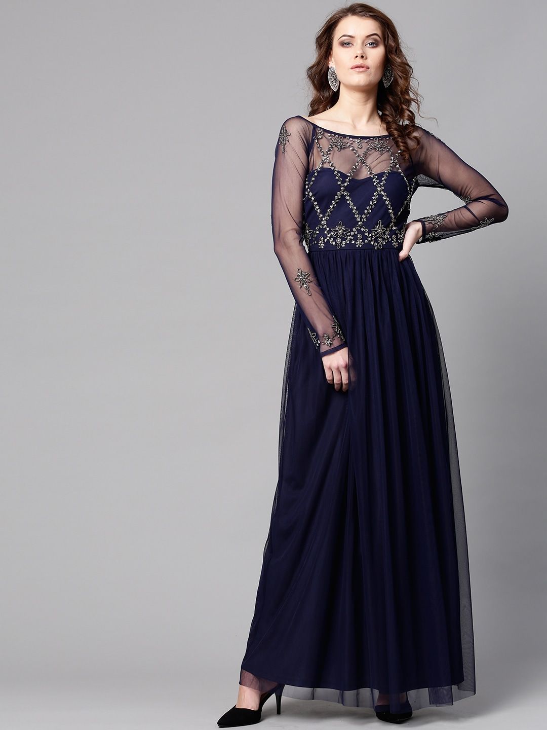STREET 9 Women Navy Blue Embellished Detail Net Maxi Dress