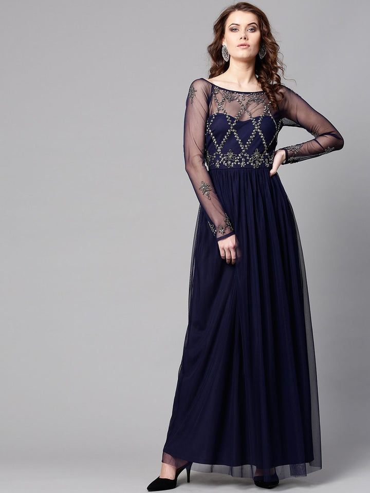 STREET 9 Women Navy Blue Embellished Detail Net Maxi Dress