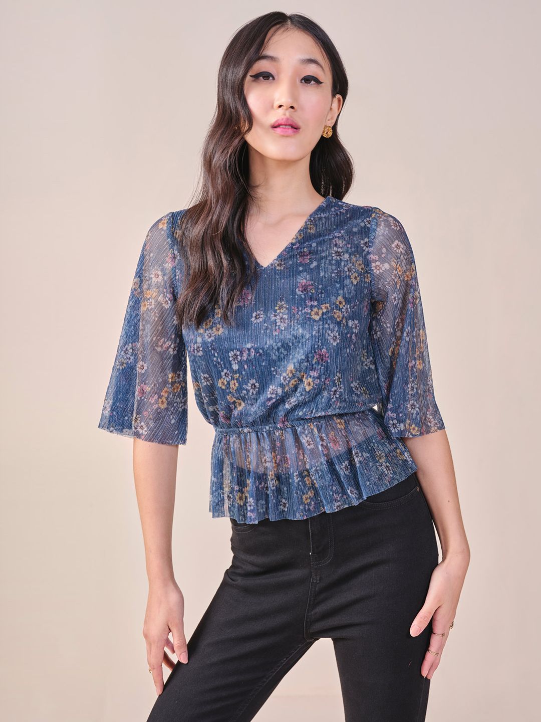 AND polyester floral printed v-neck peplum Top