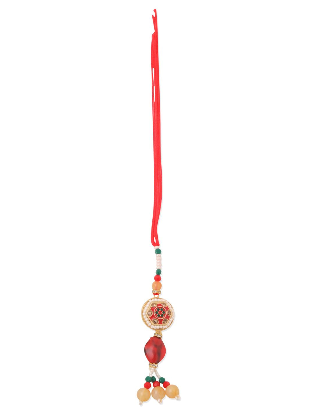 NVR Set of 2 Red Artificial Stones and Beads Bhaiya Bhabhi Rakhi with Roli Chawal