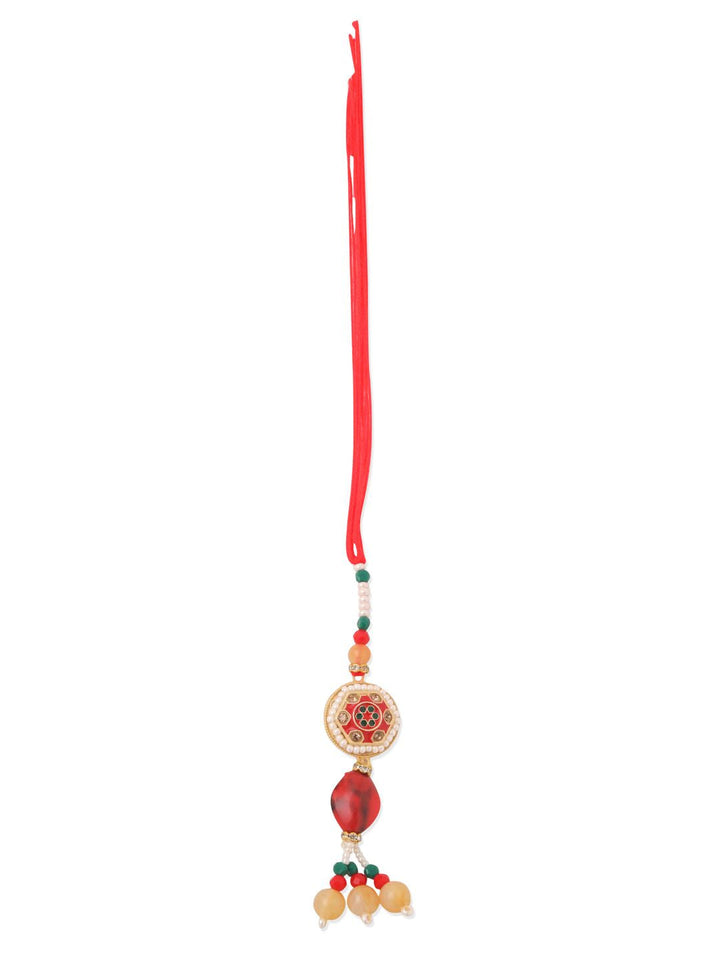 NVR Set of 2 Red Artificial Stones and Beads Bhaiya Bhabhi Rakhi with Roli Chawal